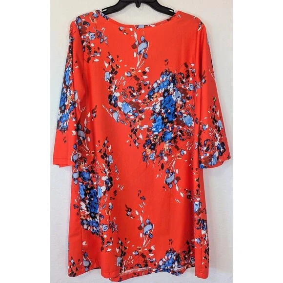 Abstract Print Shift Dress M Red Blue V Neck Button Front 3/4 Sleeve - Picture 2 of 6